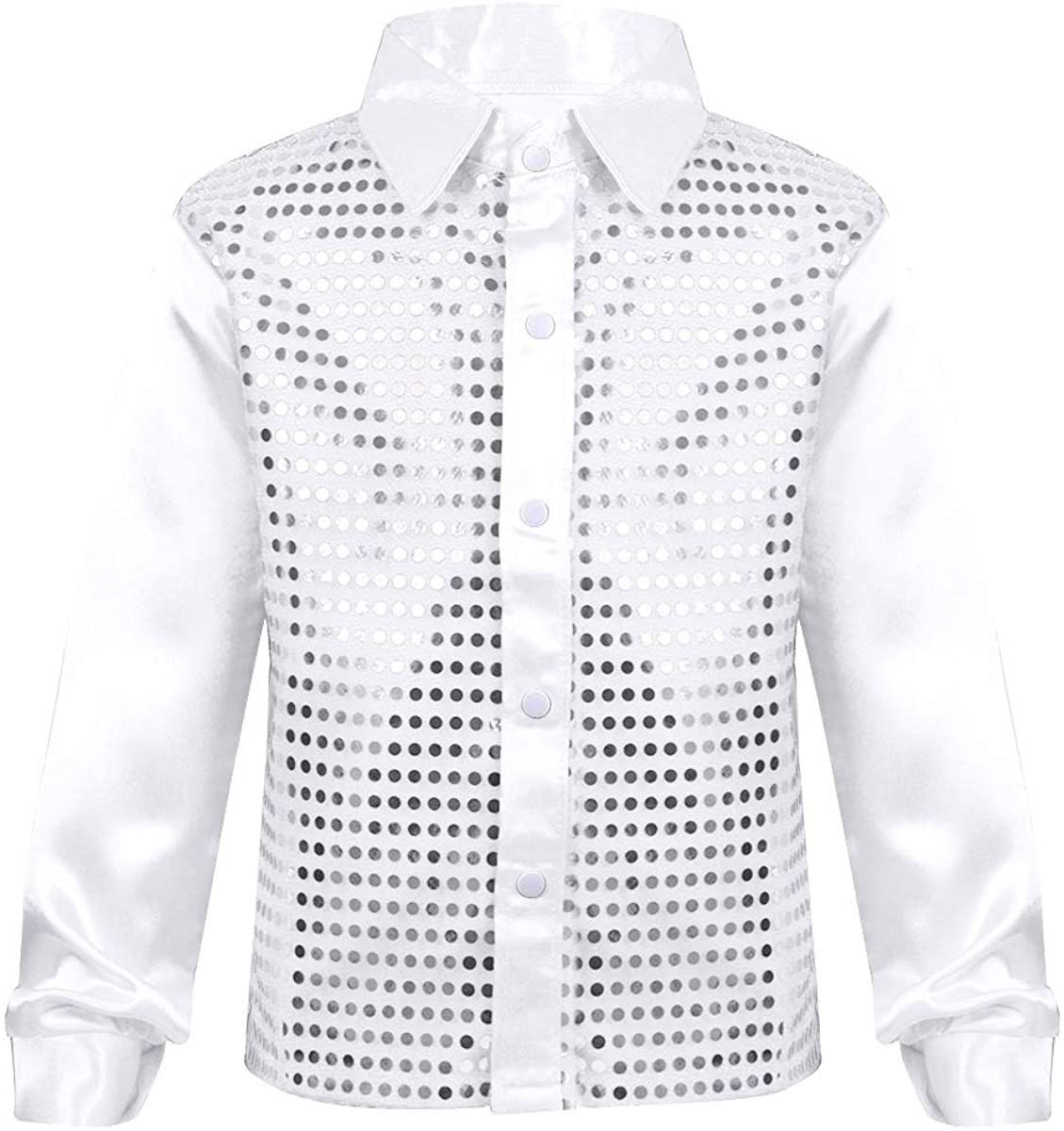 iEFiEL Kids Boys Teens Sequins Long Sleeve Shirt Party for Choir Jazz Dance Stage Performance Wedding Dance Costumes 