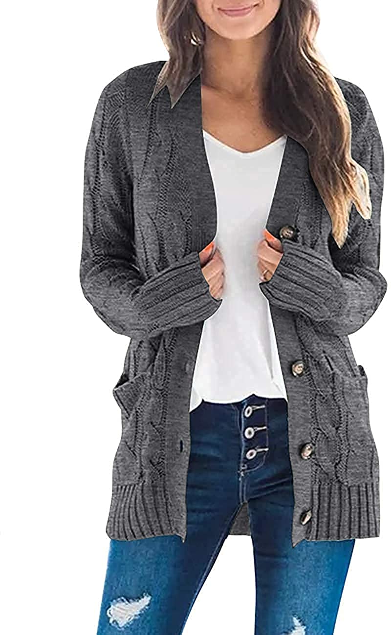 YONYWA Womens Open Front Button Down Pocket Cardigan Sweaters Plus Size Long Sleeve Casual Loose Cable Knit Outwear Coat 