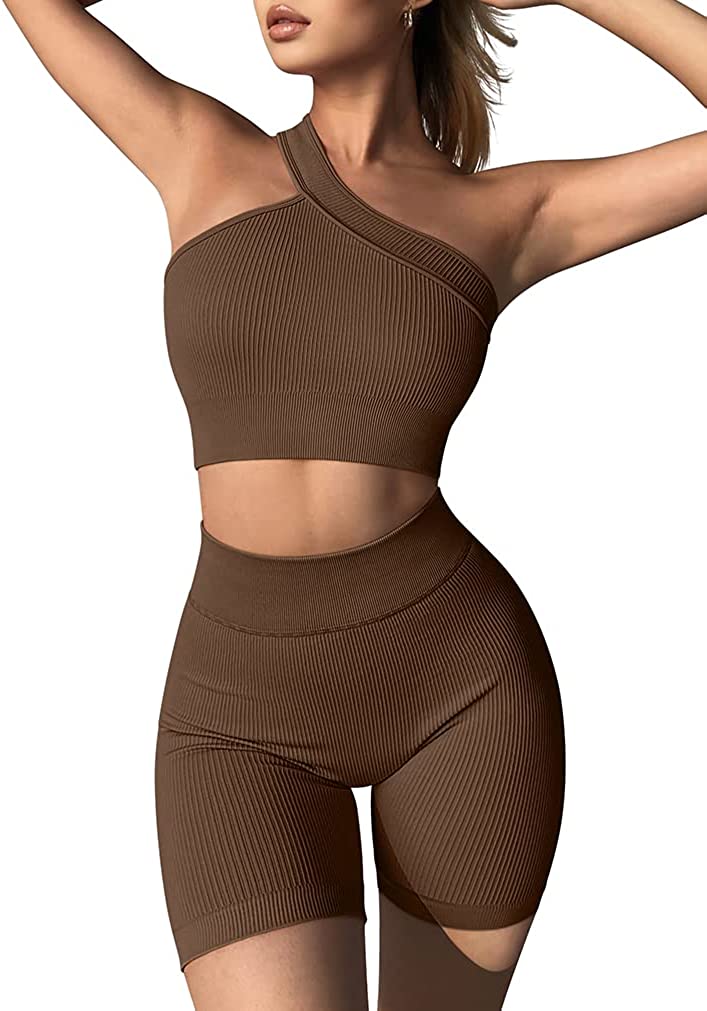 OQQ Workout Outfits for Women 2 Piece Ribbed Seamless High Waist Shorts  with One
