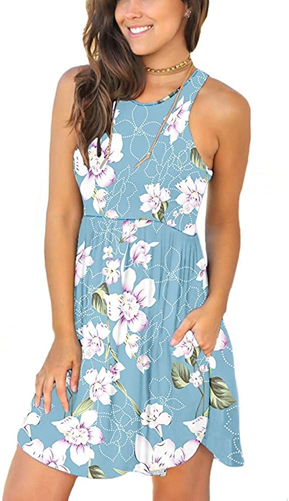 YUNDAI Women 2022 Summer Sundress Beach Floral Short Dress Sleeveless Pockets Casual Loose Tank Dress