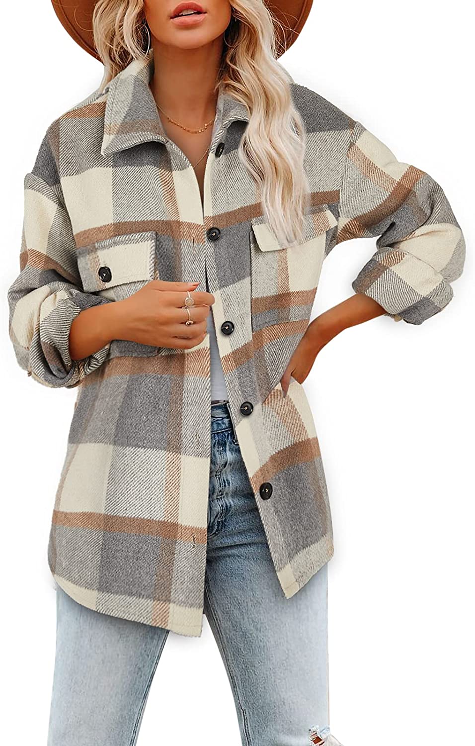 Women's Brushed Plaid Shirts Long Sleeve Flannel Lapel Button Down 
