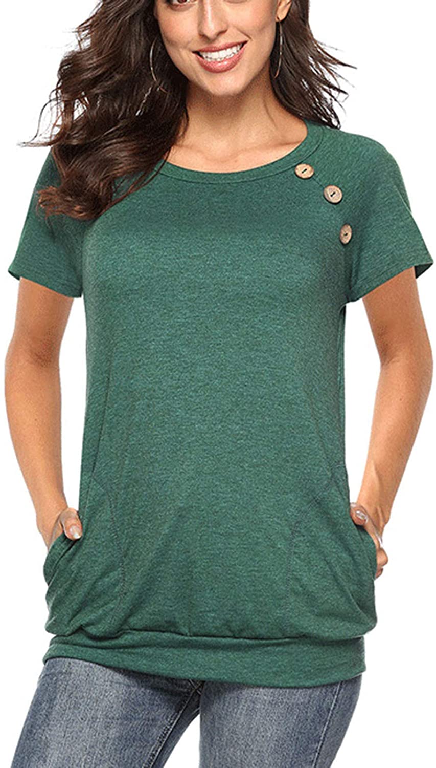 TEMOFON Womens Short Sleeve Shirts Summer Dressy Casual Tunic Tops with Side Two Pockets 