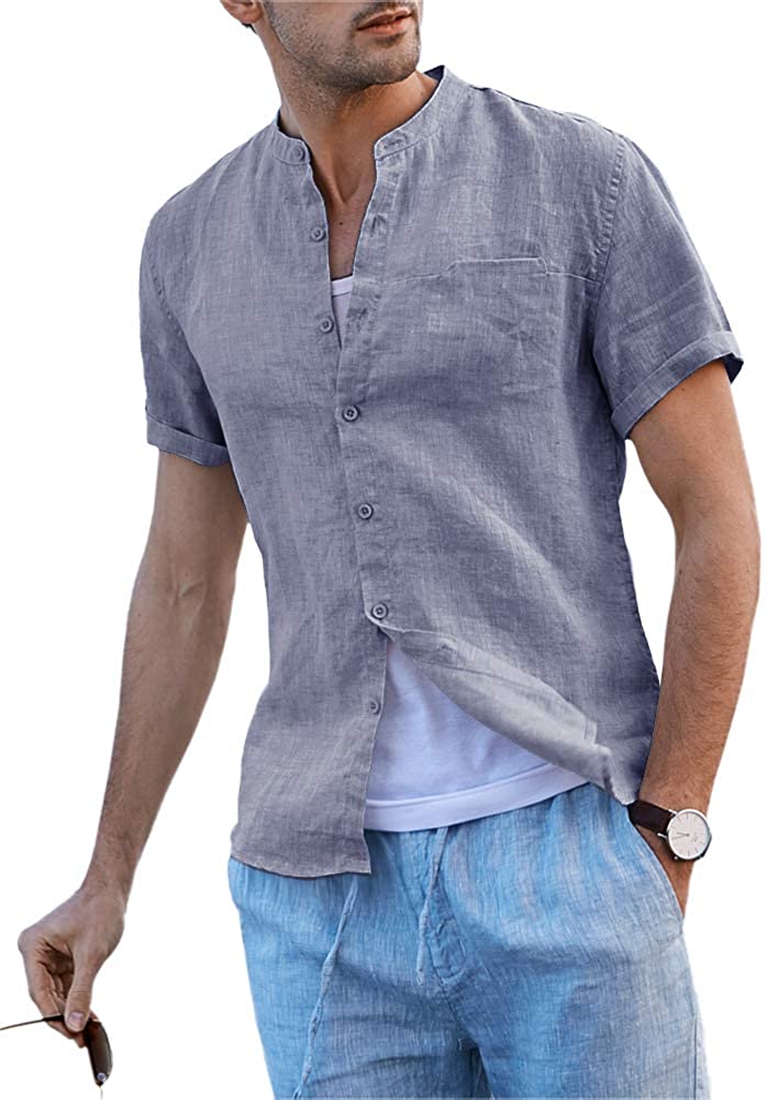 Mens Linen Button Down Shirts Beach Short Sleeve Cotton Lightweight ...