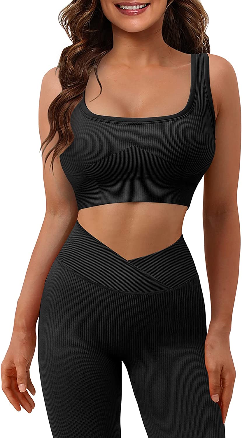 JZC Workout Outfits for Women Ribbed 2 Piece Seamless Sexy Tops V Waist Yoga  Leggings Sets Black Small at  Women's Clothing store