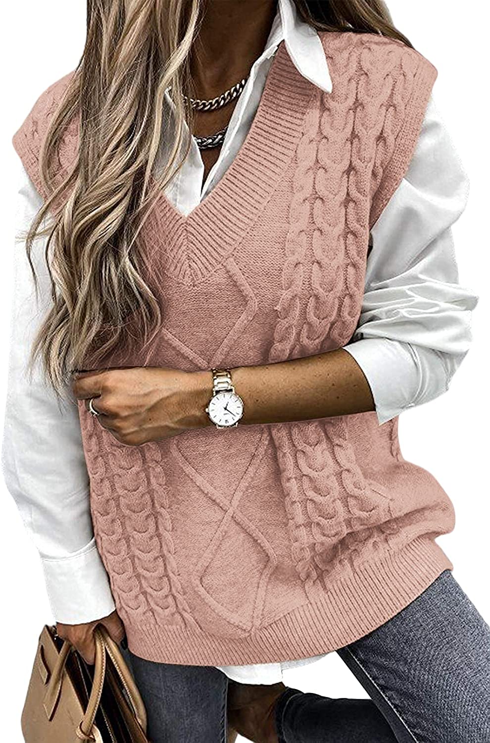 Yousify Women Cable Knit Oversize Sweater Vest V Neck Sleeveless Vintage Loose Sweaters Tops 