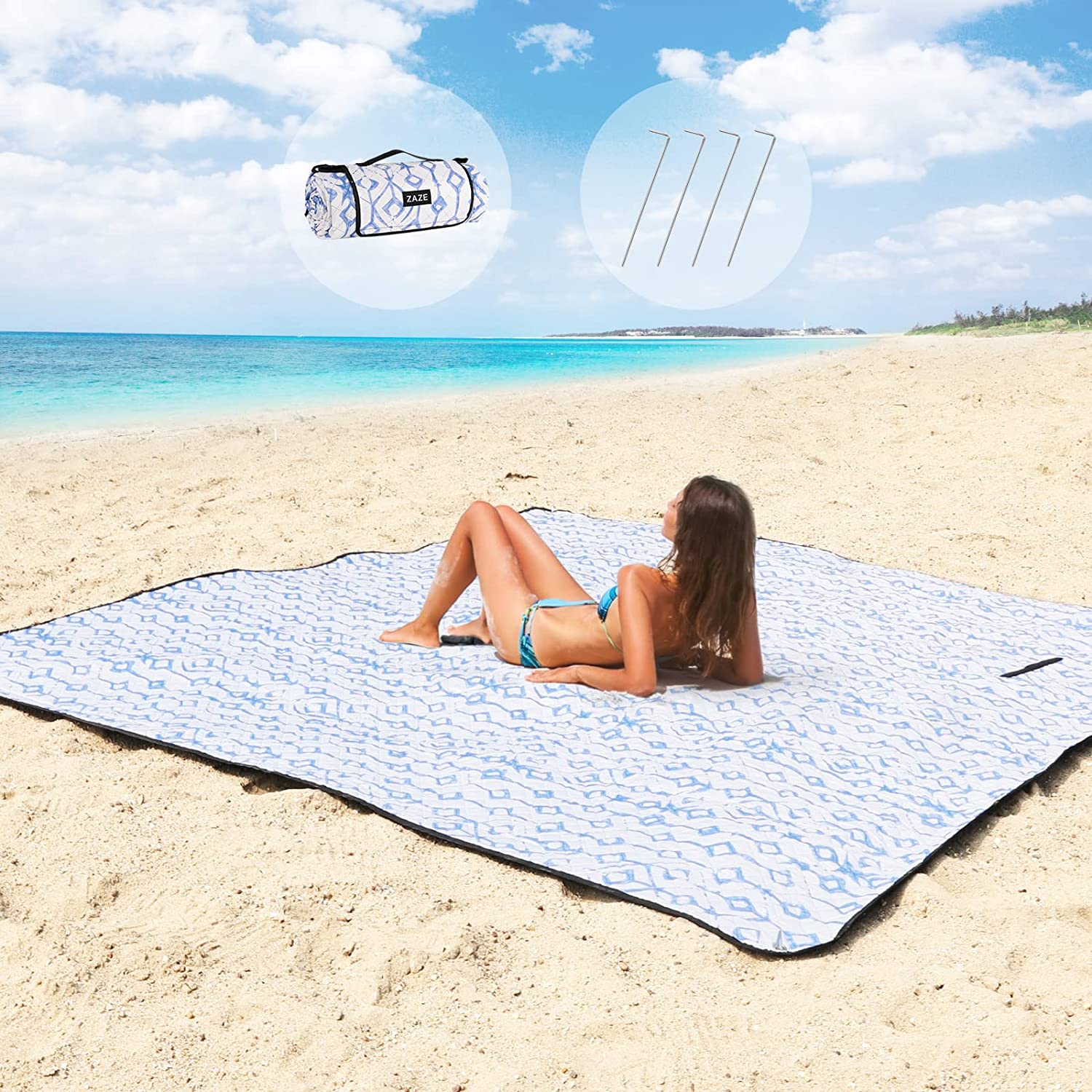 ZAZE Picnic Blankets Beach Blanket, 80''x80'' Extra Large Thick 3-Layers,  Sandpr