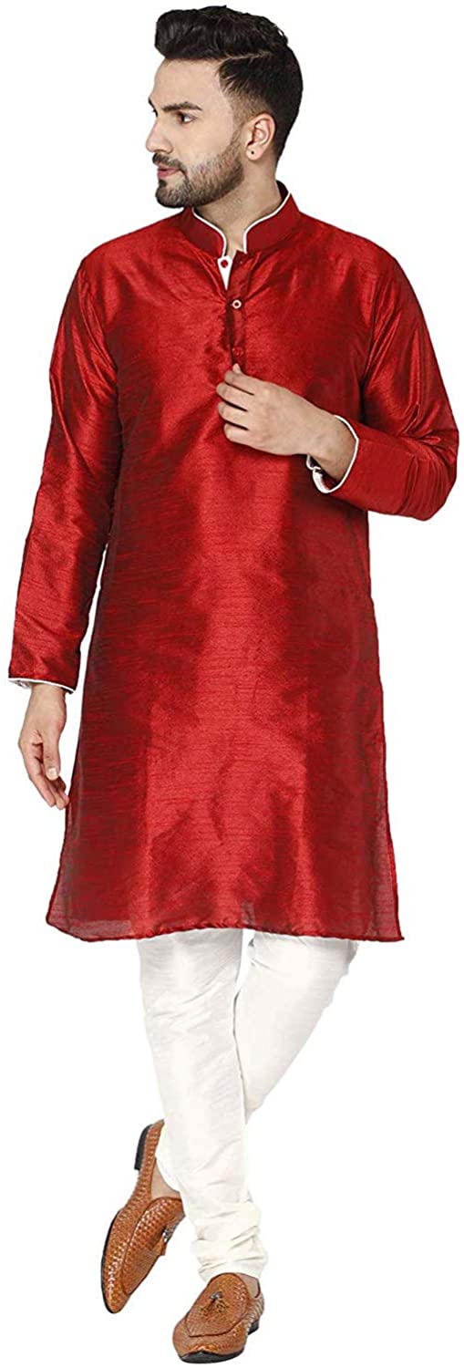 SKAVIJ Mens Art Silk Kurta Pajama Set Indian Traditional Dress 