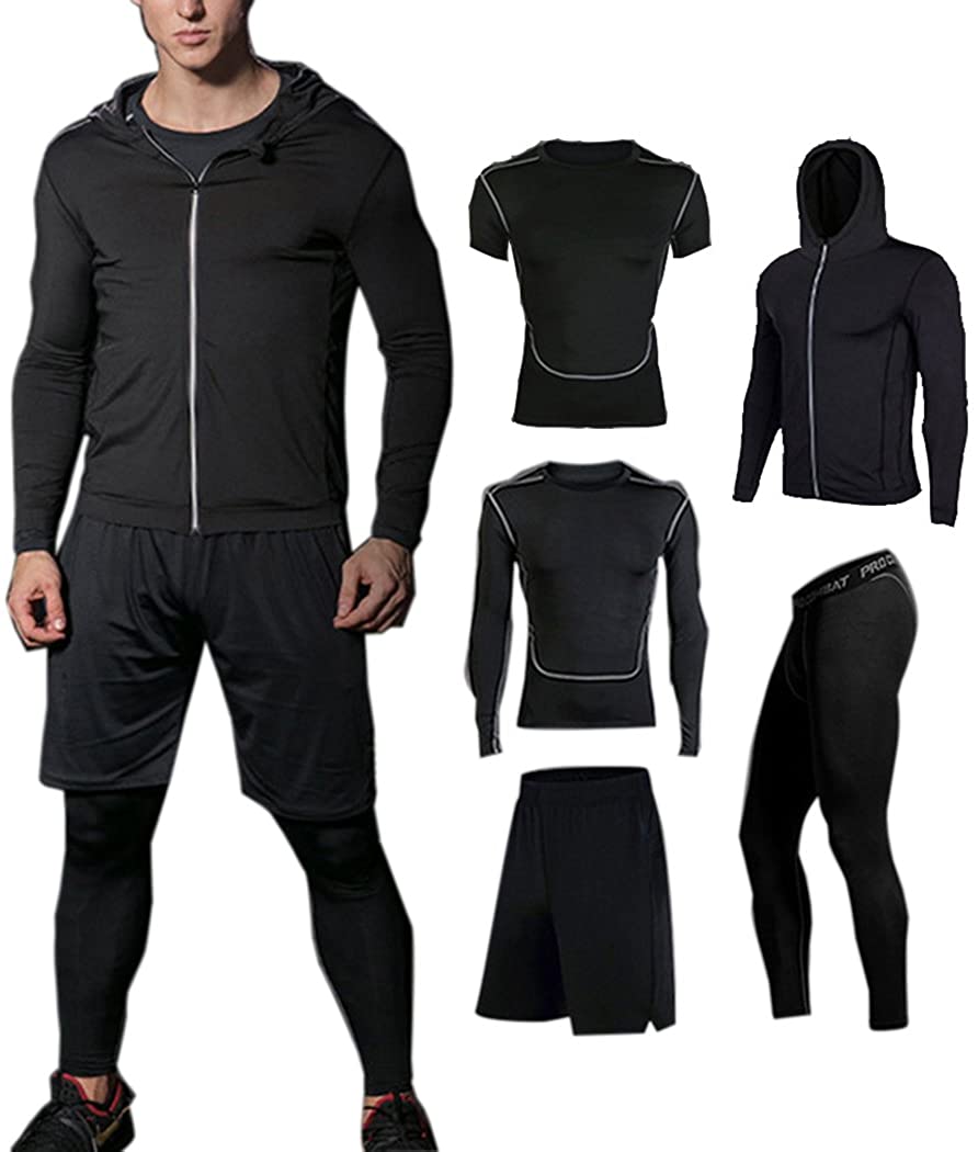 3 Pcs Mens Workout Clothes Set Compression Pants Long Sleeve Shirt Fitting Short 