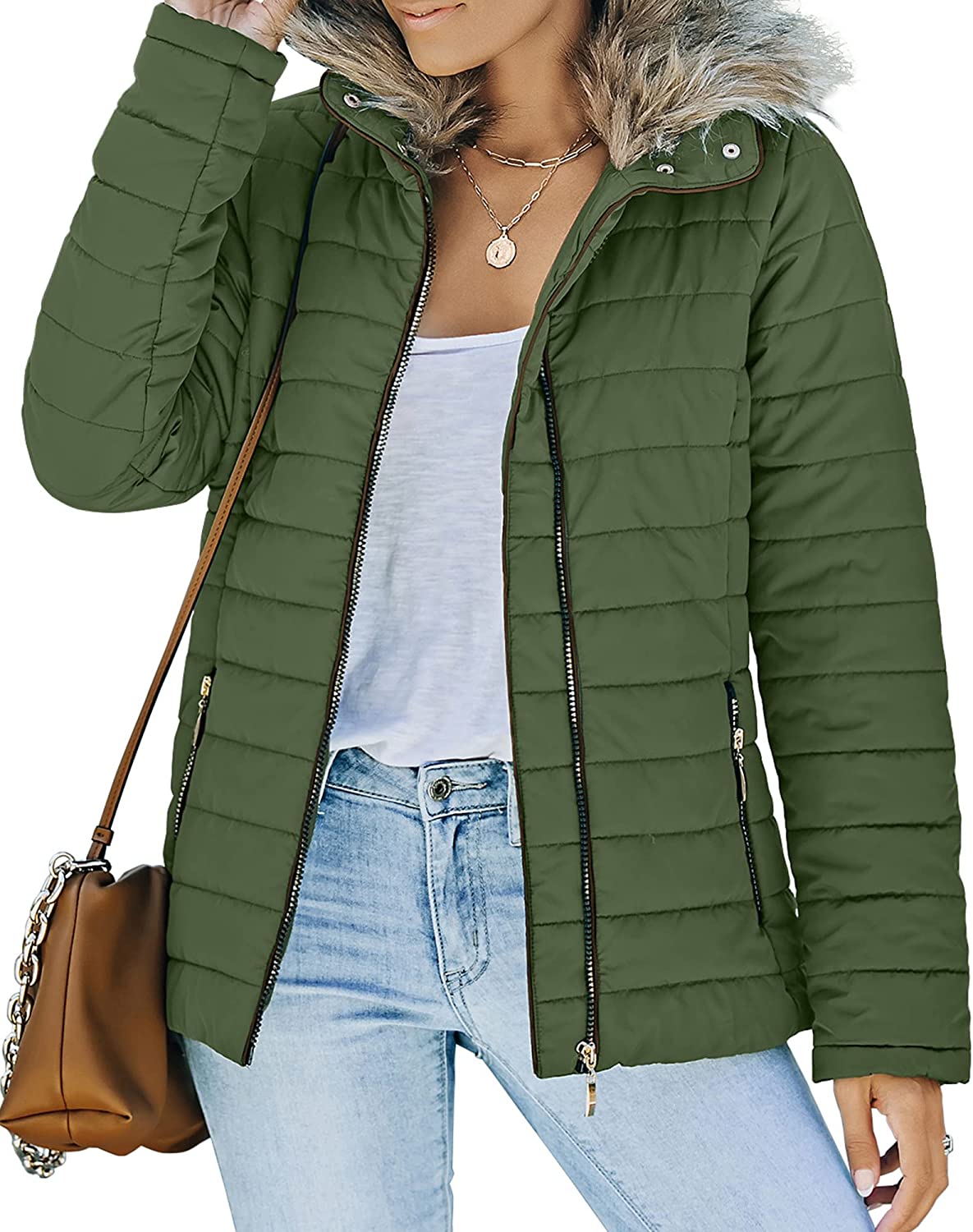Uqnaivs Womens Winter Quilted Jacket Faux Fur Collar Zip Up Parka Puffer  Coat
