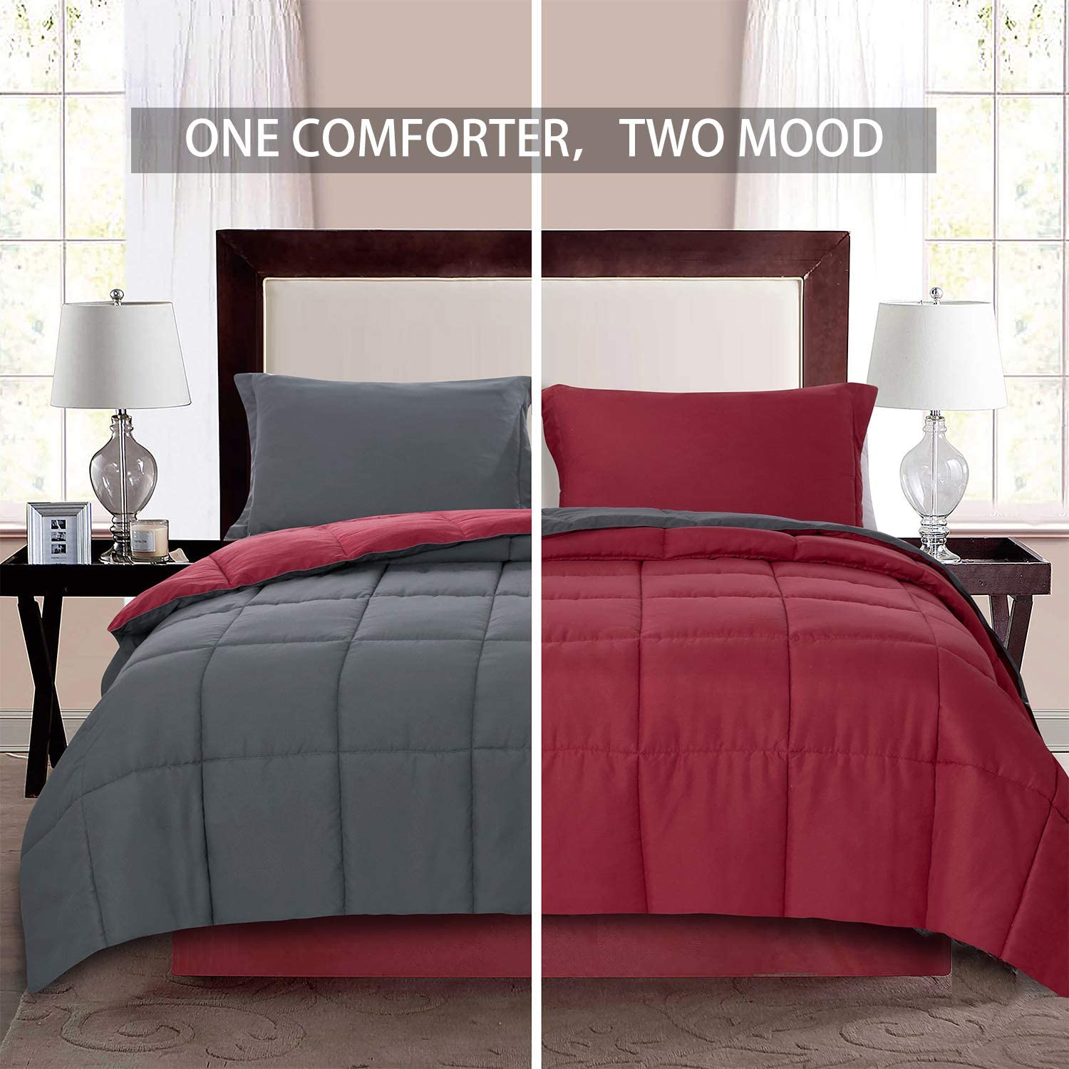 Lightweight Comforter Set Queen Burgundy Red All Season ...