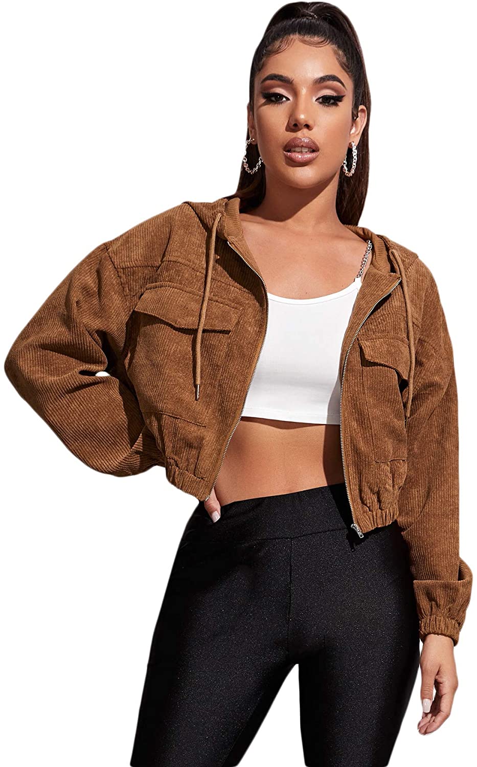 MakeMeChic Women's Cropped Zip Up Hoodie Sweatshirt Cropped Jacket