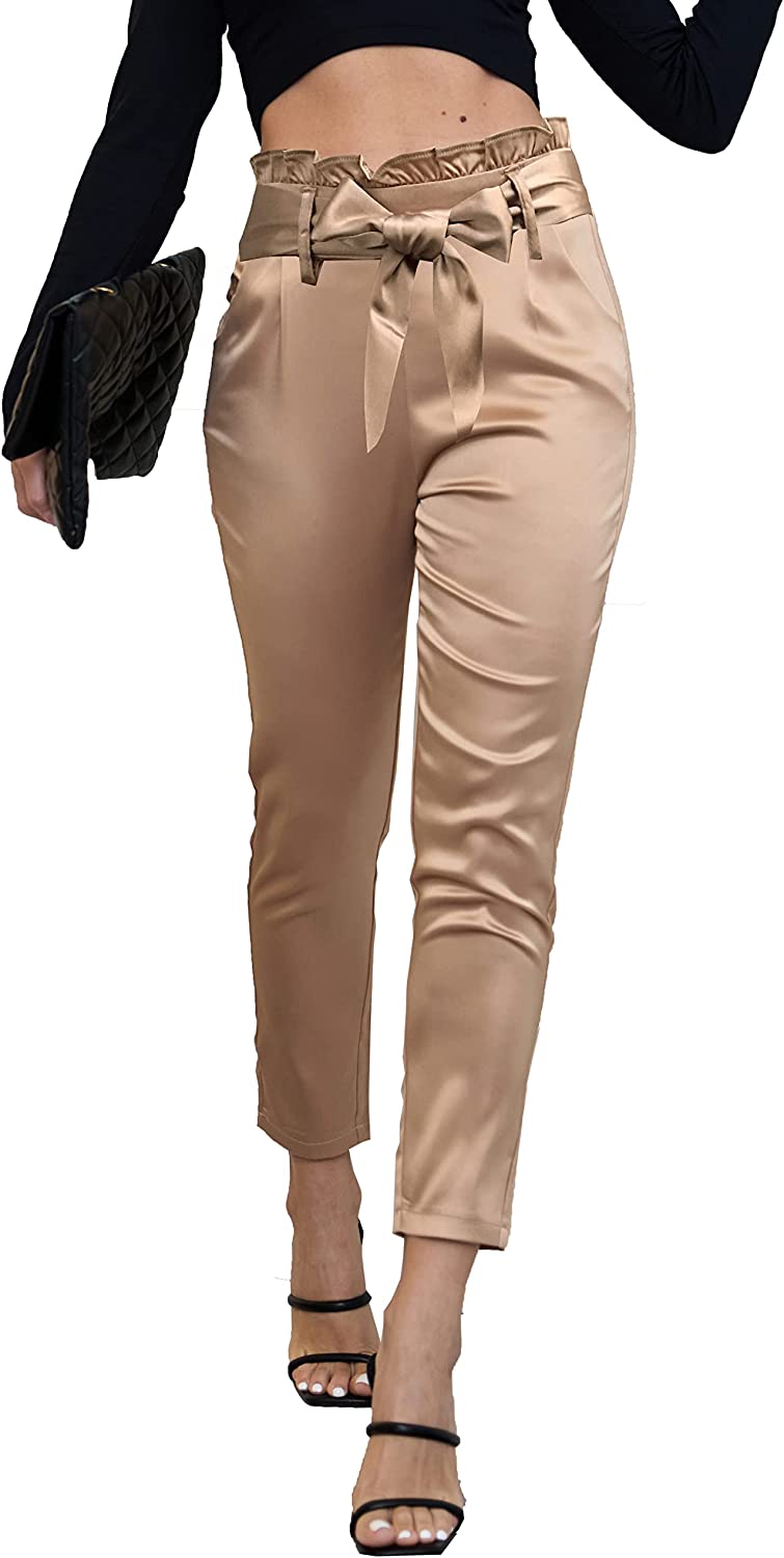 heipeiwa Women's Satin Pants Dress Casual Pleated Pull on High Waist Pants  with