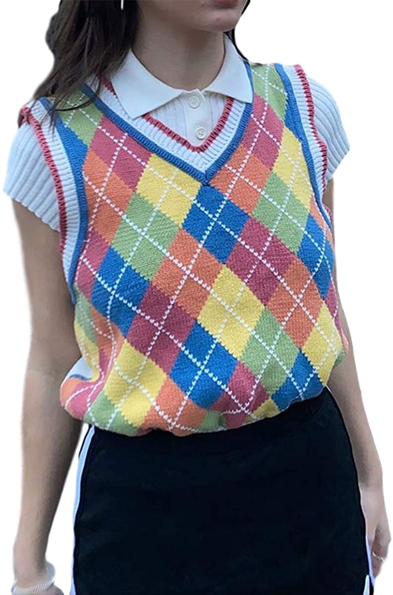 Women's Geometric Argyle Sweater Vest Y2k 90s E-Girls Preppy Style Tank  Tops Sle