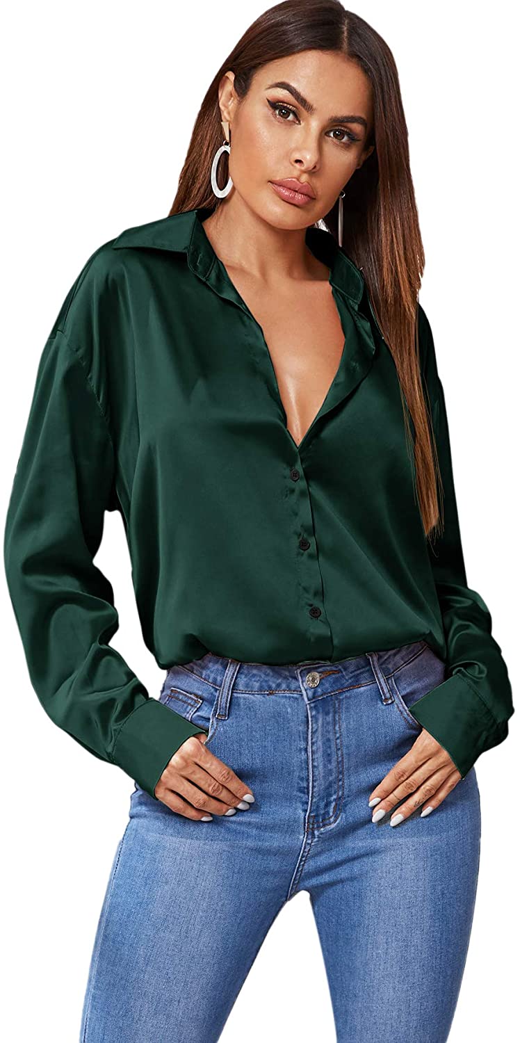 SOLY HUX Women's Satin Silk Long Sleeve Button Down Shirt Formal