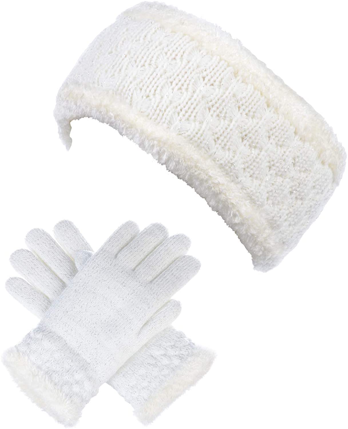 BYOS Womens Winter Cable Plush Warm Fleece Lined Knit Gloves & Headband 2 Pieces Set,Various Styles 