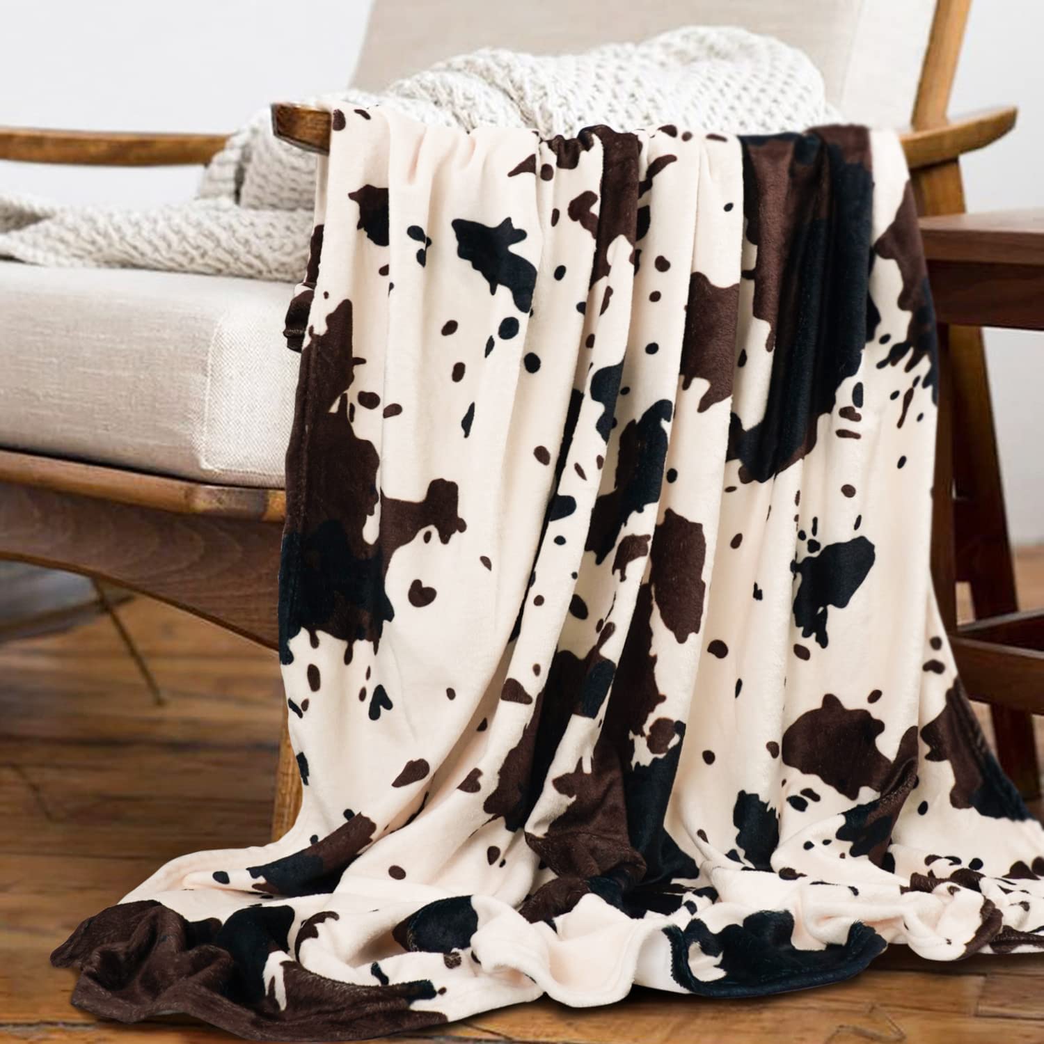 Yiyhuxf Cow Print Blanket Animal Brown Black Milky White Faux Fur