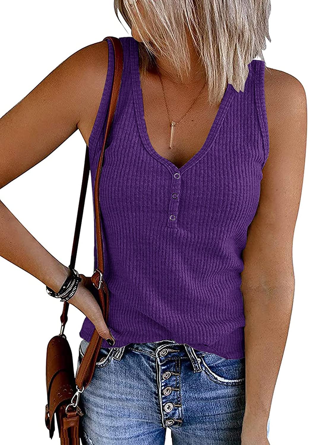 MEROKEETY Womens V Neck Tank Tops Summer Sleeveless Ribbed Button Casual  Henley Shirts