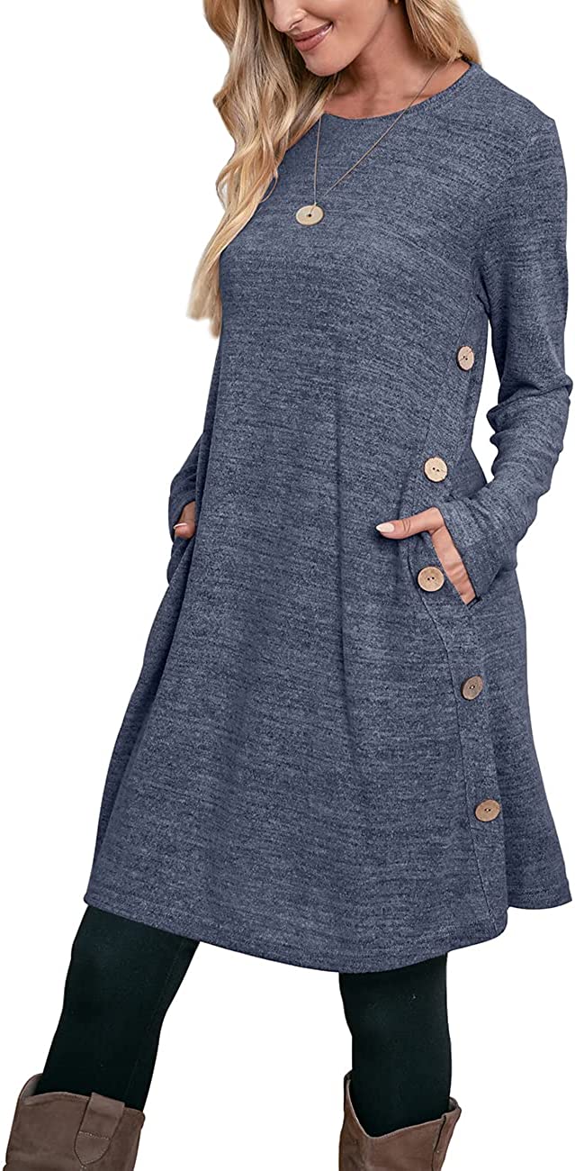 OFEEFAN Women's Long Sleeve Winter Dress with Pockets Buttons Side