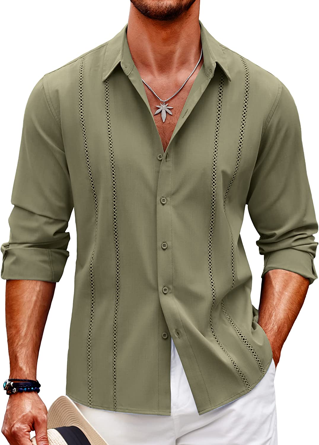  COOFANDY Men Cuban Guayabera Shirt Short Sleeve Button