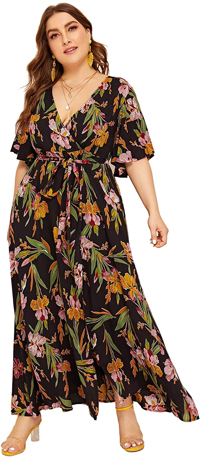 Milumia Women Plus Size Floral Boho Wrap V Neck High Waist Maxi Dress ...