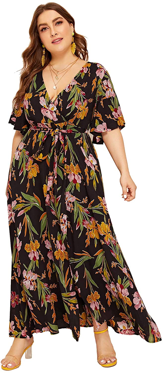 Milumia Women Plus Size Floral Boho Wrap V Neck High Waist Maxi Dress 