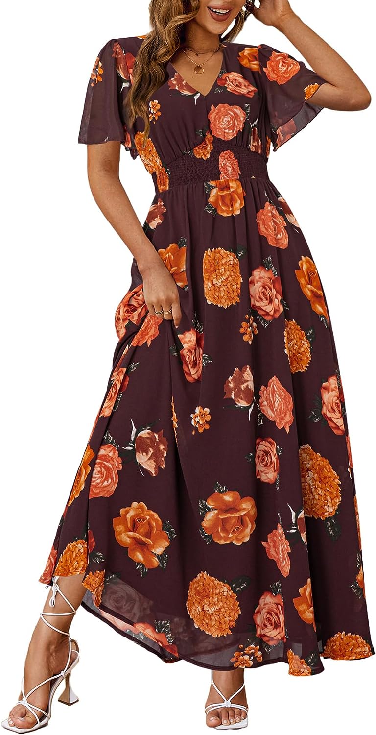 Buy Simplee Women Casual Boho Floral Maxi Dress Flowy Holiday Beach Long  Dress V Neck Short Sleeve Wedding Guest Dress, #Dark Green, M at