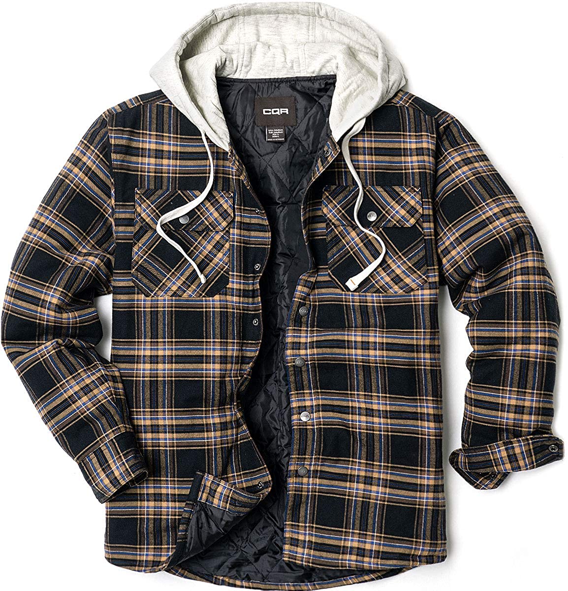 CQR Men's Hooded Quilted Lined Flannel Shirt Jacket, Long Sleeve Plaid  Button Up