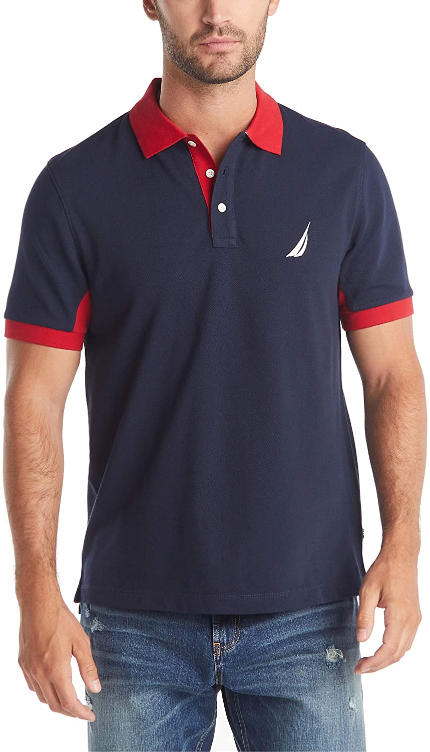 Nautica Mens Short Sleeve Performance Pique Polo with Tipping