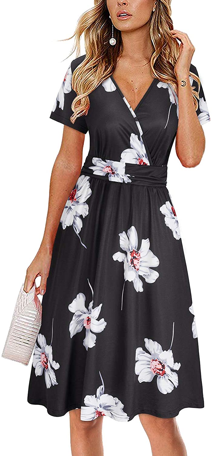 OUGES Women's Summer Short Sleeve V-Neck Floral Short Party Dress with  Pockets(Black,S) at  Women's Clothing store