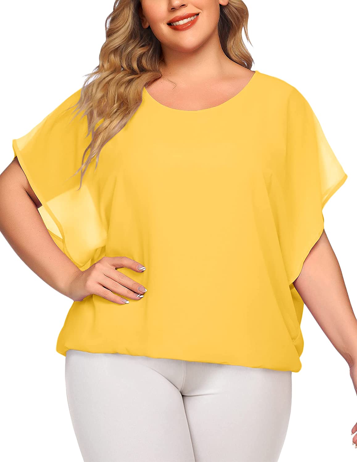 IN'VOLAND Plus Size Women Chiffon Blouse Batwing Sleeve Tops Scoop