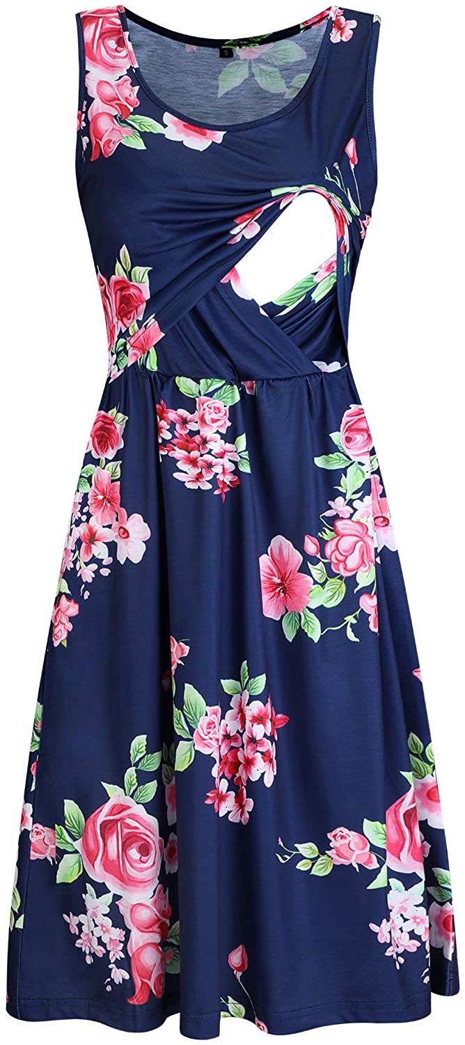 OUGES Womens Sleeveless Summer Floral Maternity Dresses Nursing Gown Breastfeeding Clothes 