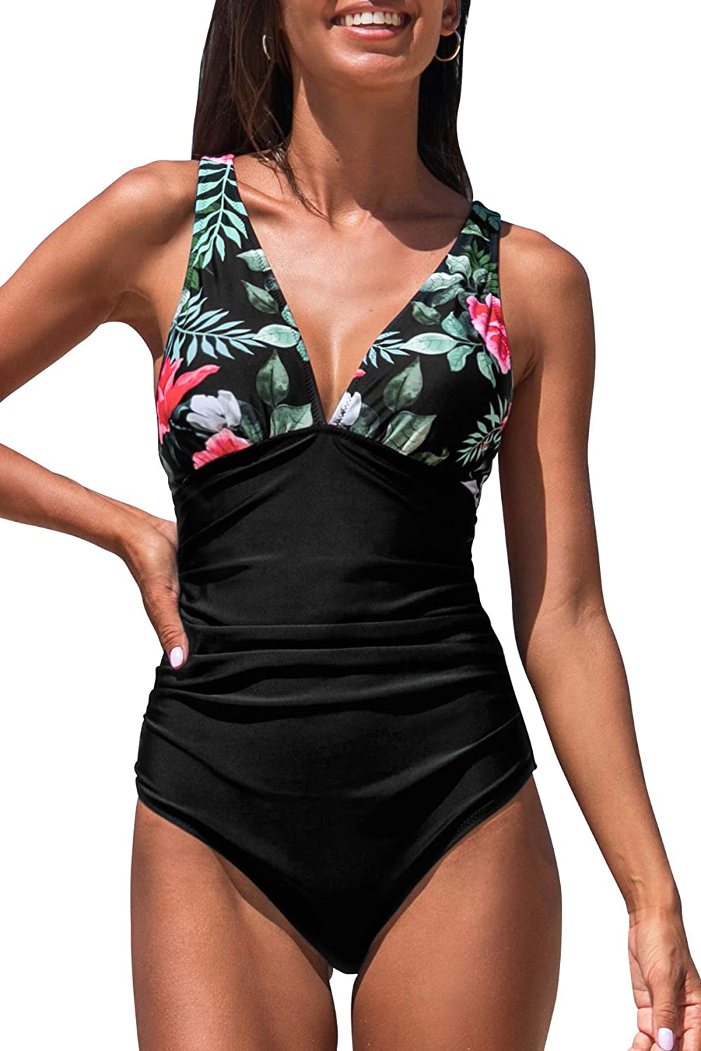 CUPSHE Womens One Piece Swimsuit V Neck Tummy Control Swimwear Back Cross Retro Bathing Suit Swimming Costume