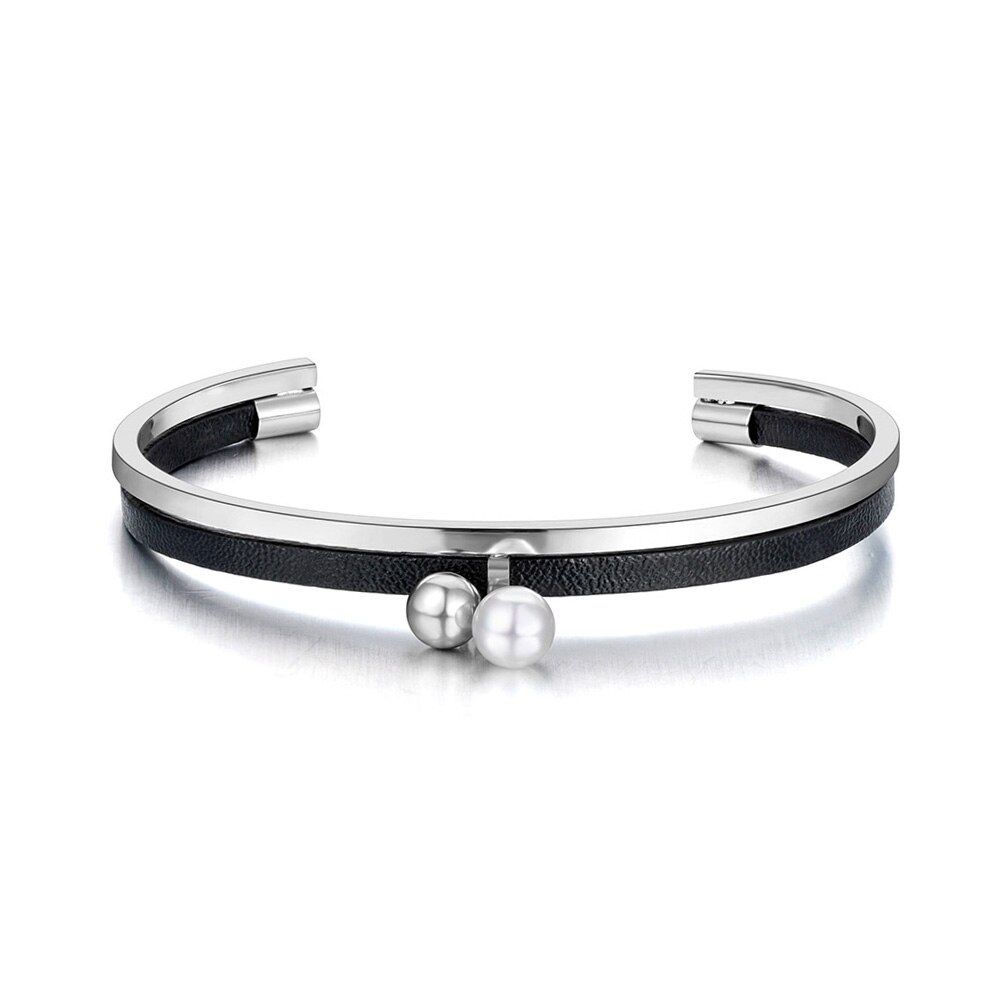 Lokaer Titanium Stainless Steel Round Ball & White Pearl Charm Bracelets For Women Girls Trendy Black Leather Open Bangle B20071-1