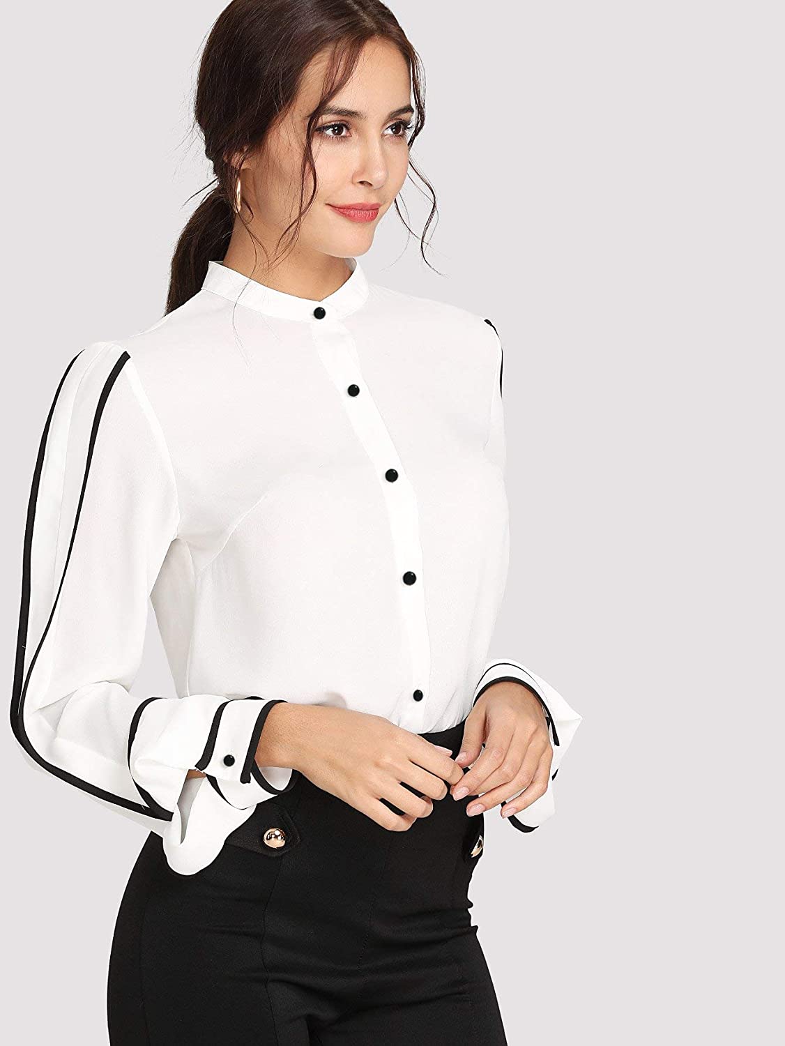 Milumia Women's Elegant Button Workwear Shirt Stand Collar Long Sleeve ...