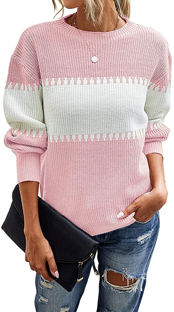 Womens Color Block Knit Sweater Long Sleeve Crewneck Loose Jumper Pullover Tops Deep Pink 