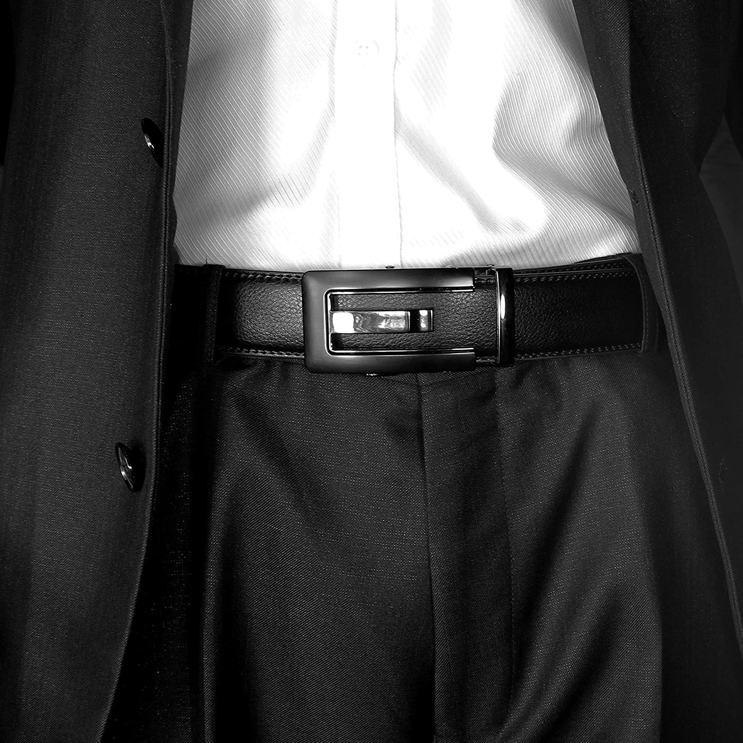 JINIU Mens Leather Belt Automatic Buckle 35mm Ratchet Dress Black Belts Boxed