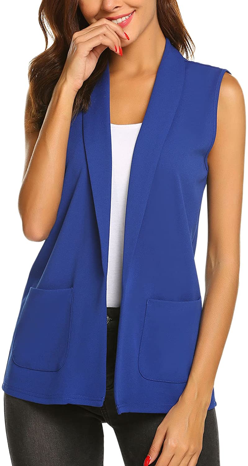 Dealwell Womens Sleeveless Vest Casual Open Front Cardigan Blazer with Pockets