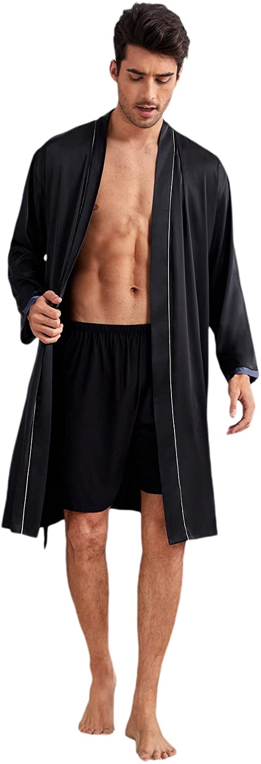 SOLY HUX Men's Silk Bathrobes Long Sleeve Satin Kimono Robe with Shorts  Sleepwea