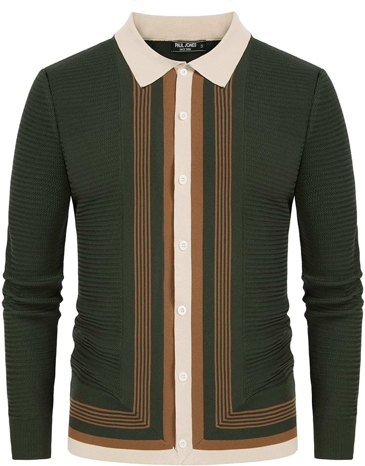 PJ PAUL JONES Men's Vintage Stripe Knit Polo Shirts Stylish Button Down Cardigan Sweater