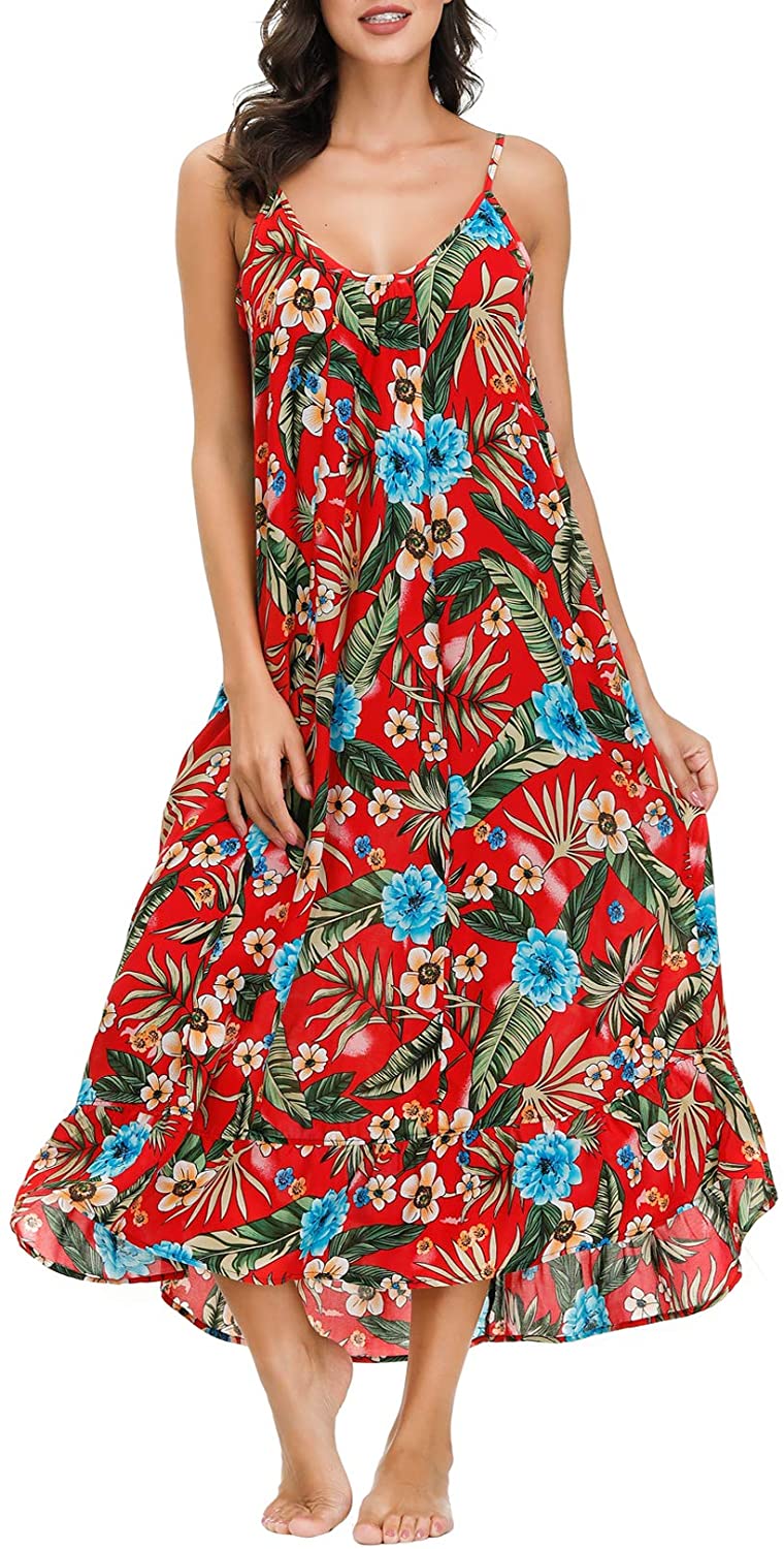 Wexcen Womens V-Neck Floral Print Spaghetti Strap Boho Beach Long Maxi Summer Casual Dress with Pockets 