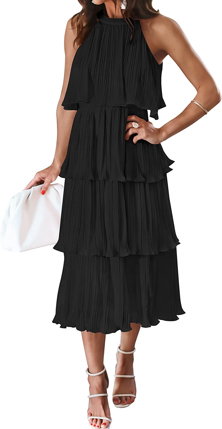 ZESICA Women's 2023 Summer Sleeveless Halter Neck Ruffle Tiered Layered  Chiffon Flowy Swing Long Midi Dress : : Clothing, Shoes &  Accessories