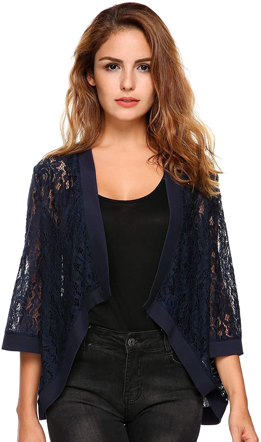 Zeagoo Women's Casual Lace Crochet Cardigan 3 4 Sleeve Sheer Cover Up ...