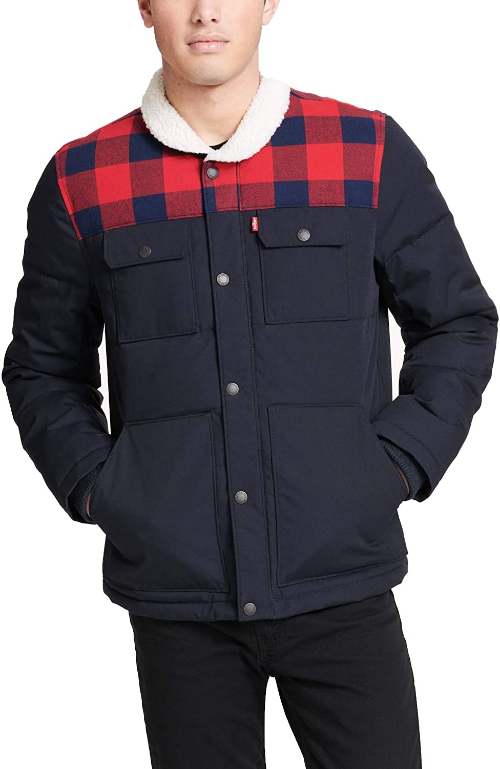 levi's mens quilted mixed media shirttail work wear puffer jacket