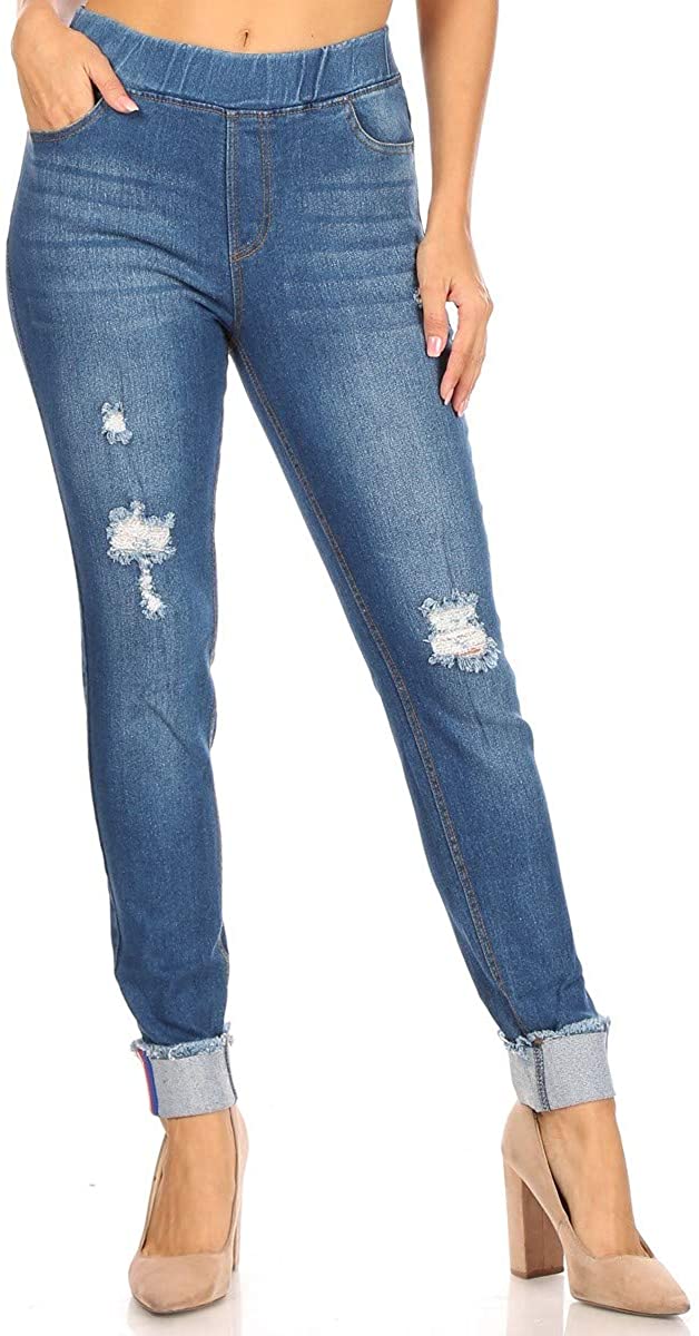 Women's Stretch Pull-On Skinny Ripped Distressed Denim Jeggings Regular-Plus  Siz