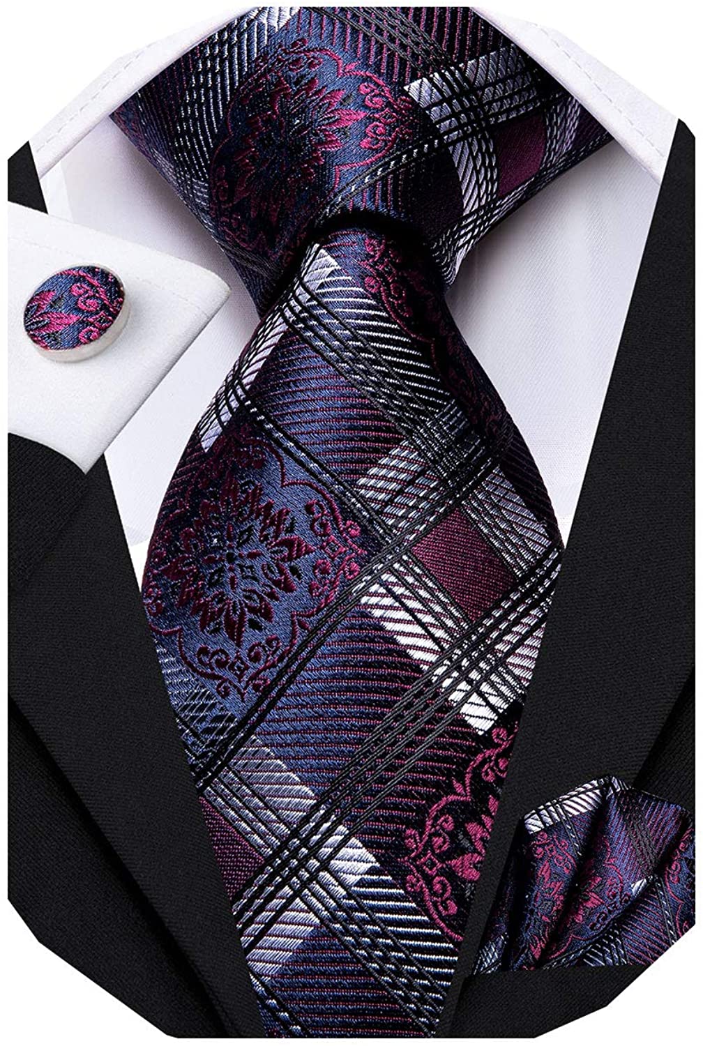 Dubulle Mens Tie Set Solid Paisley Novelty Silk Necktie for Men with Cufflinks Tie and Pocket Square 