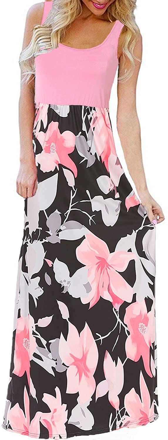 BLUETIME Womens Summer Boho Sleeveless Floral Print Tank Long Maxi Dress