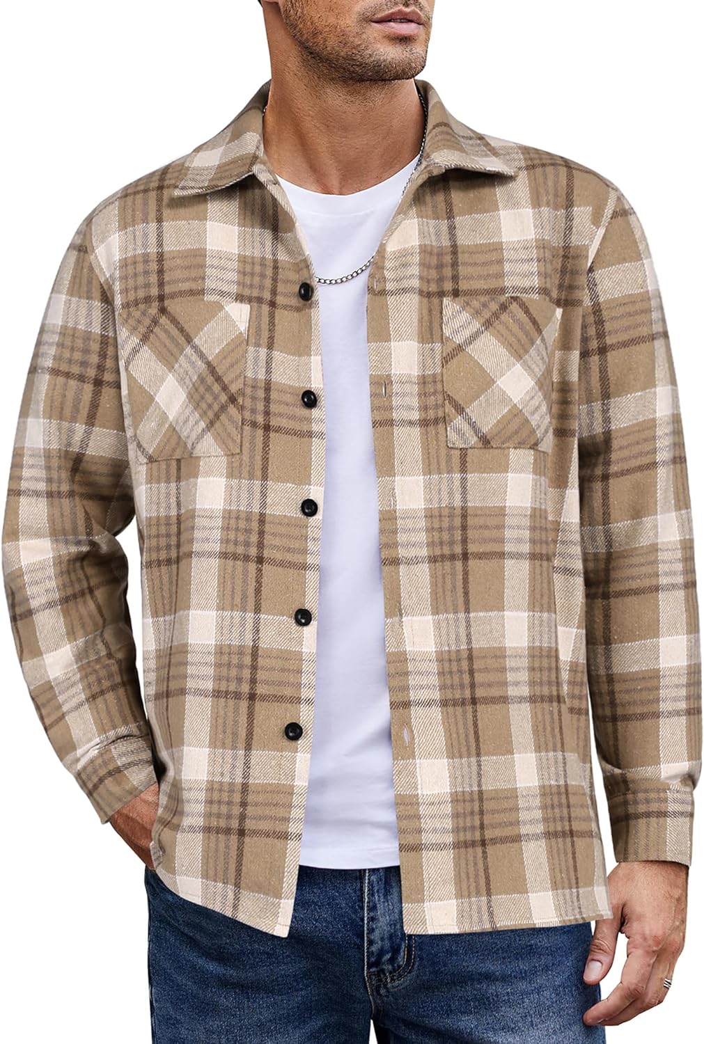 COOFANDY Men's Plaid Hoodie Flannel Shirt Jacket Long Sleeve Casual Fashion  Button Shirts