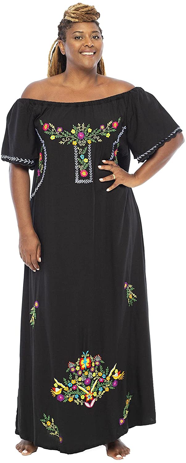 vecino violento árabe Back From Bali Womens Plus Size Long Mexican Embroidered Dress Off Shoulder  Maxi | eBay