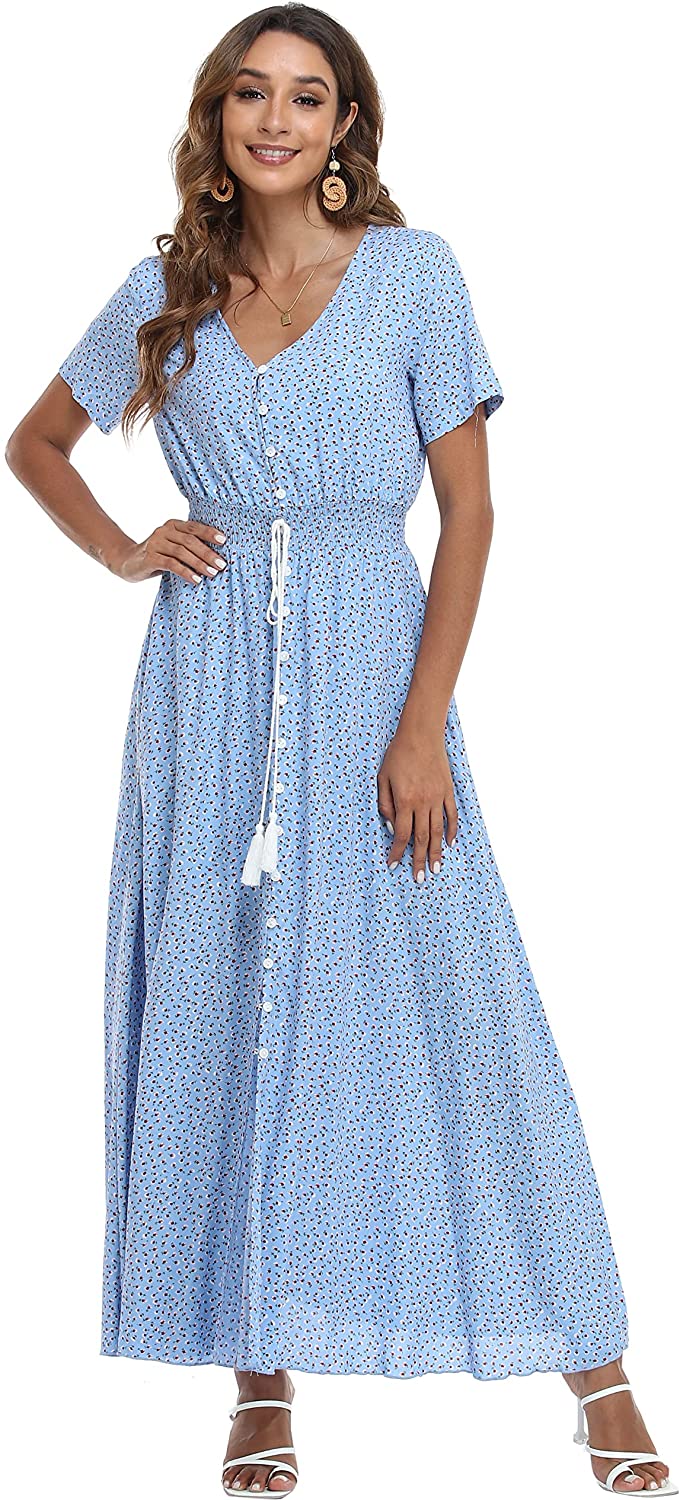 VintageClothing Women's Floral Print Maxi Dresses Boho Button Up Split  Beach Party Dress, S at  Women's Clothing store