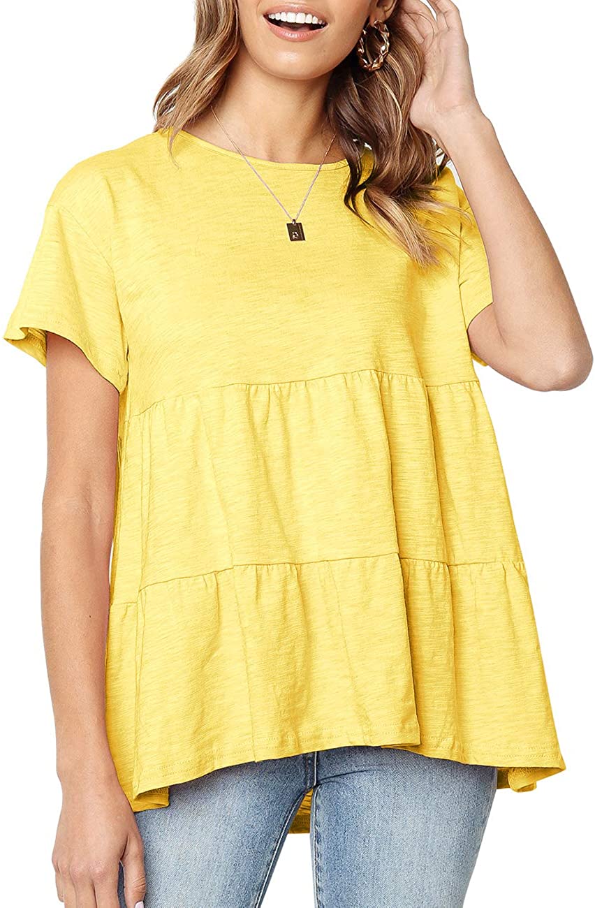 Defal Womens Summer Short Sleeve Loose T Shirt High Low Hem Babydoll Peplum Tops